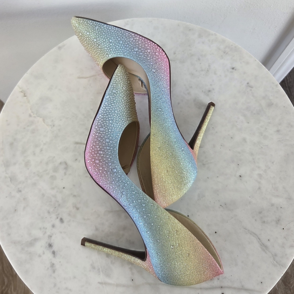 Jessica Simpson Multicolor Rainbow Ombre Rhinestone Heels Pumps NWT Pointed Toe - Picture 10 of 12